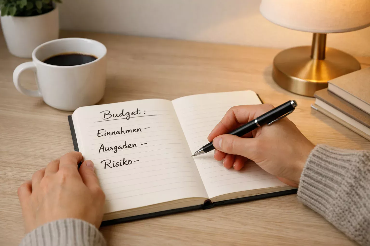 Person plant Wettbudget mit Notizbuch und Stift am Schreibtisch