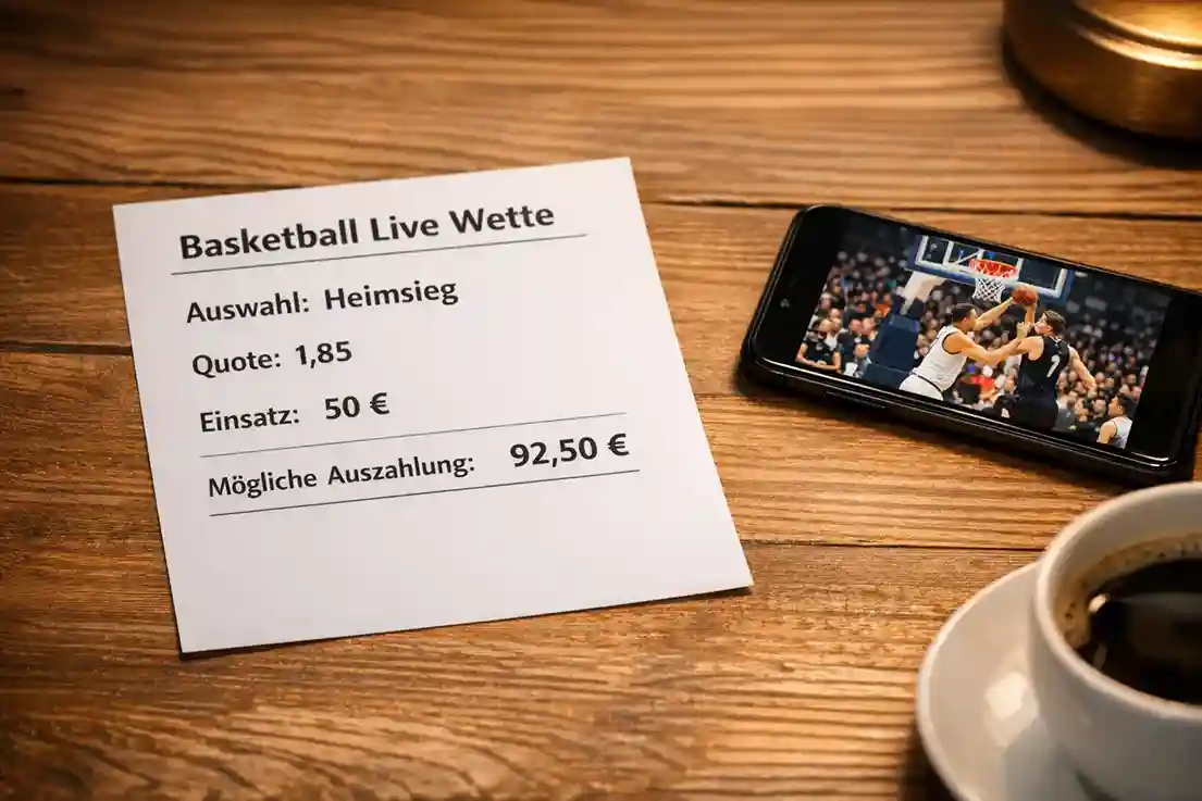 Wettschein auf dem Tisch während eines spannenden Basketball-Moments