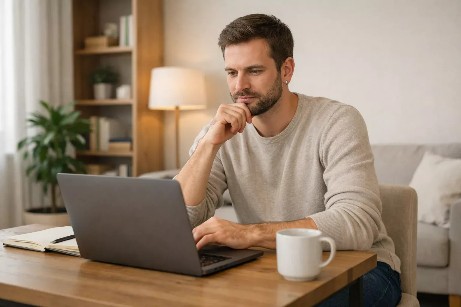 Nachdenkliche Person vor dem Laptop beim Wetten lernen