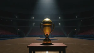 Basketball-Pokal auf dem Spielfeld in einer Arena – Langzeitwetten Meister und MVP