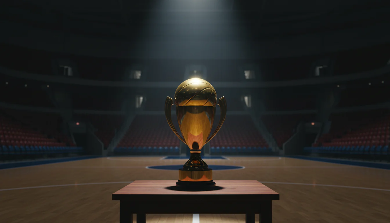 Basketball-Pokal auf dem Spielfeld in einer Arena – Langzeitwetten Meister und MVP