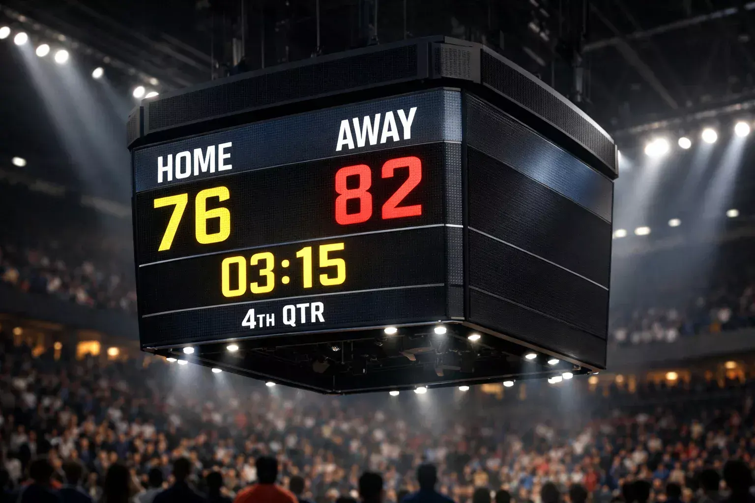 Basketball-Arena mit Anzeigetafel zeigt dynamischen Spielstand