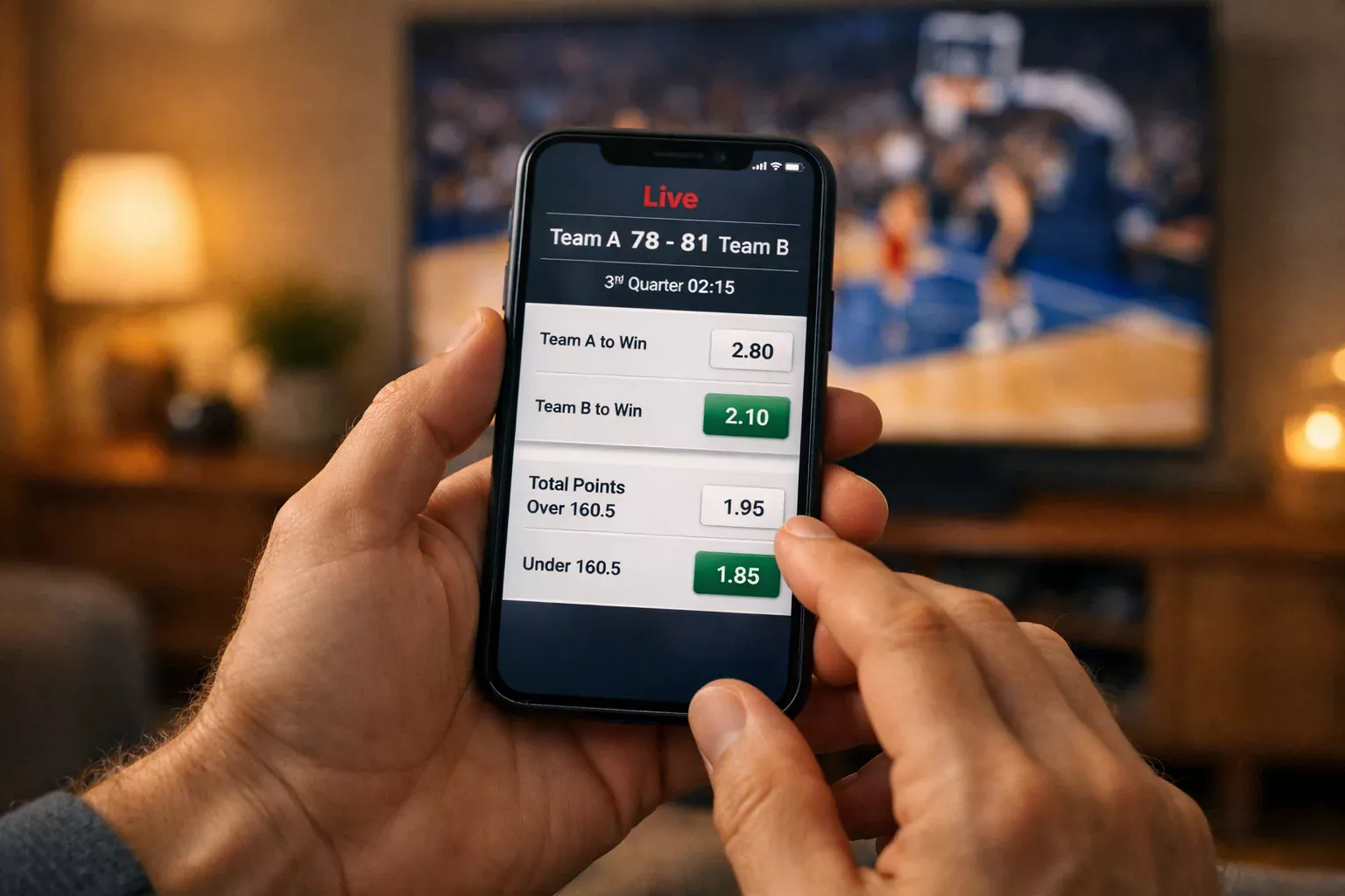 Smartphone zeigt Live-Wettquoten während eines Basketball-Spiels