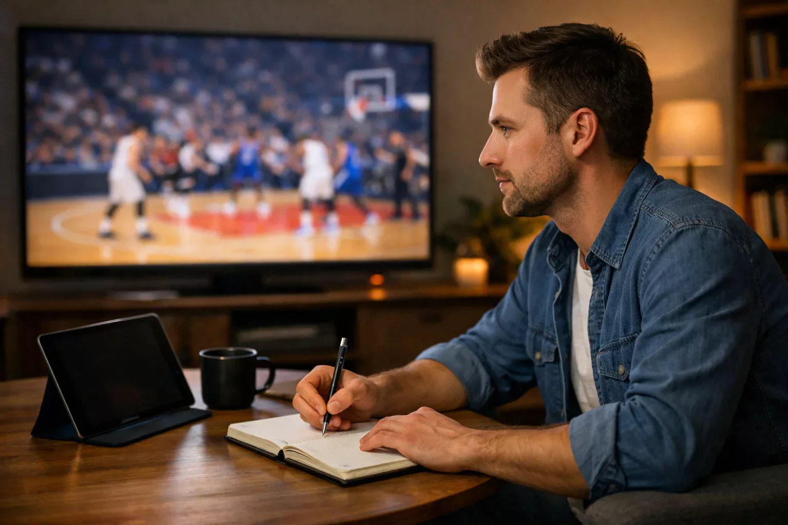 Person beobachtet Basketball-Spiel konzentriert am Bildschirm