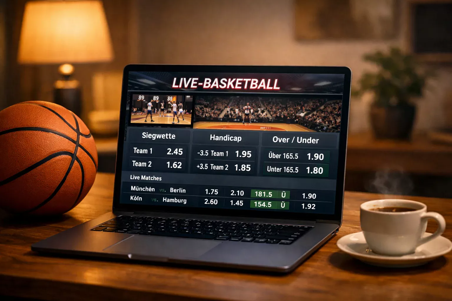 Laptop zeigt Live-Wetten-Angebote während eines Basketballspiels auf dem Bildschirm