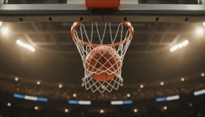 Basketball fliegt durch den Korb in einer belebten Arena – Over/Under Wetten