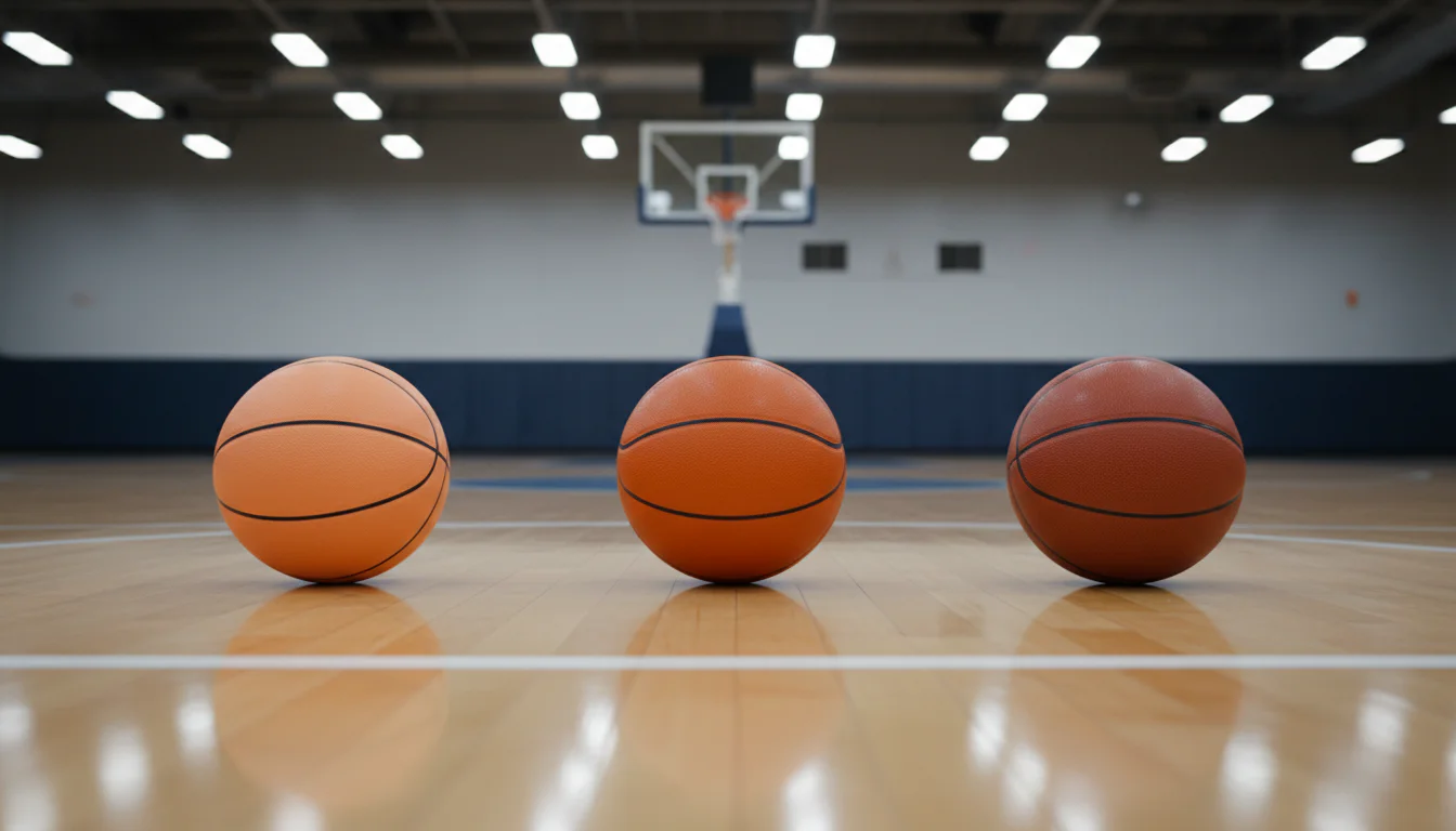 Basketbälle in einer Reihe auf dem Hallenparkett – Quotenvergleich für Wetten