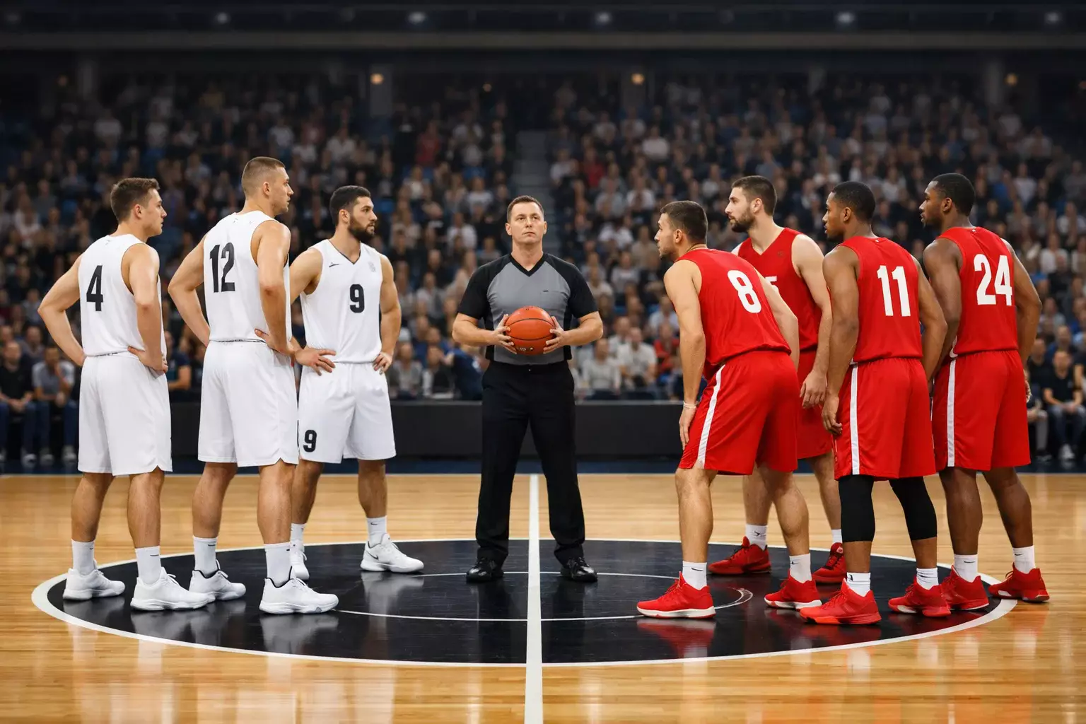 Zwei Basketballteams stehen sich gegenüber vor Spielbeginn auf dem Feld