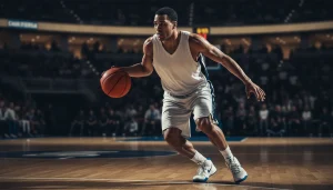 Basketballspieler dribbelt den Ball auf dem Spielfeld – Spielerwetten Tipps