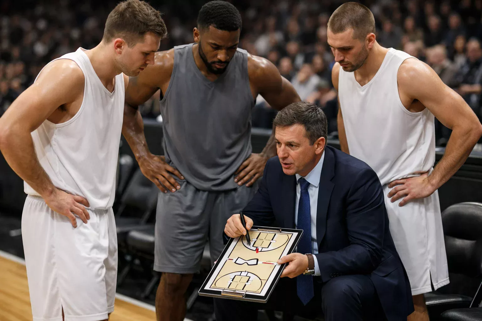 Basketballtrainer erklärt Taktik am Spielfeldrand seinen Spielern