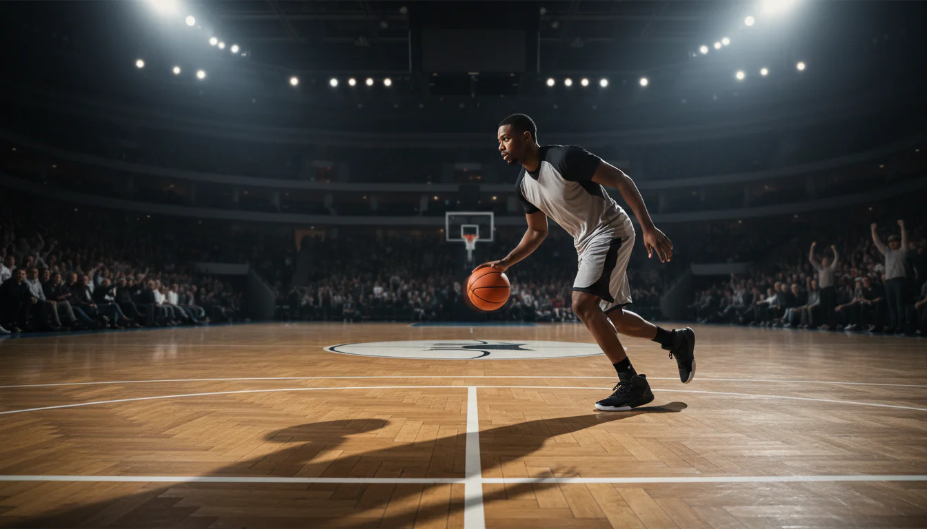 Basketballspieler beim Dribbling auf dem Spielfeld – Statistiken für Wettanalyse