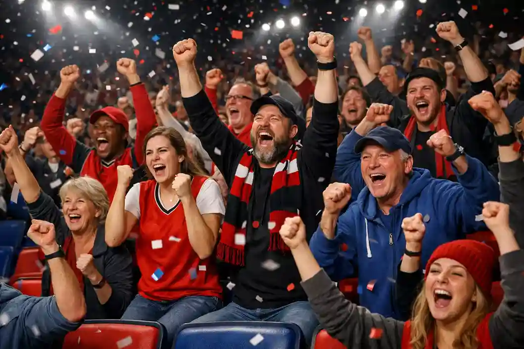 Erfolgreicher Moment in der Basketballarena mit jubelnden Fans