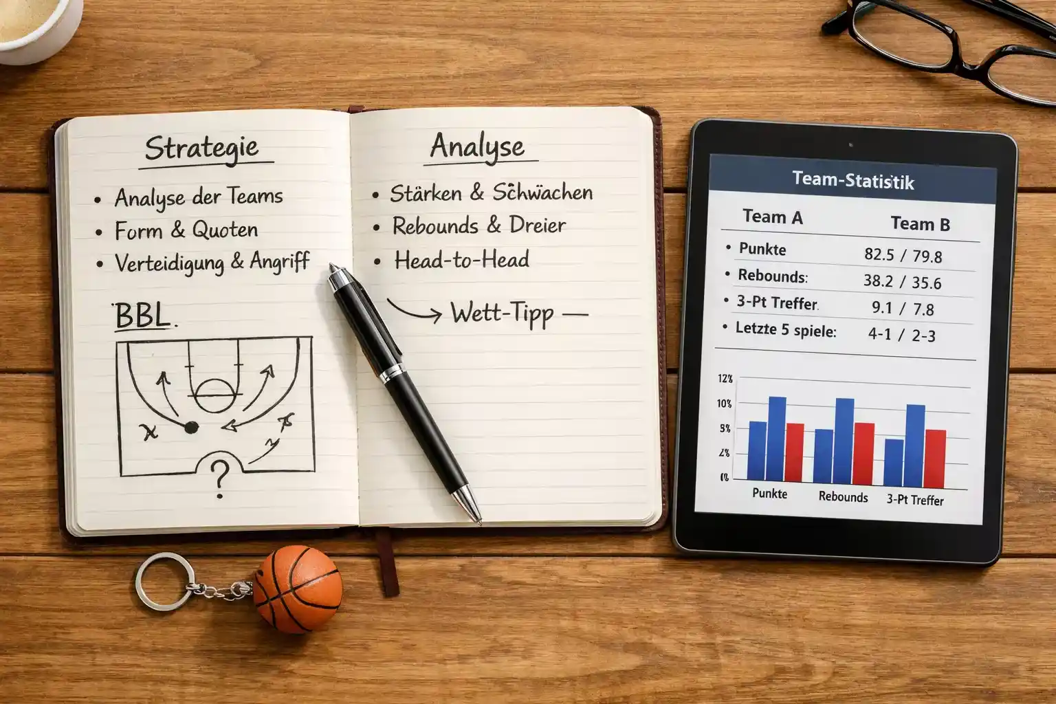 Notizbuch mit handschriftlichen Wettstrategien neben Laptop mit Basketball-Statistiken
