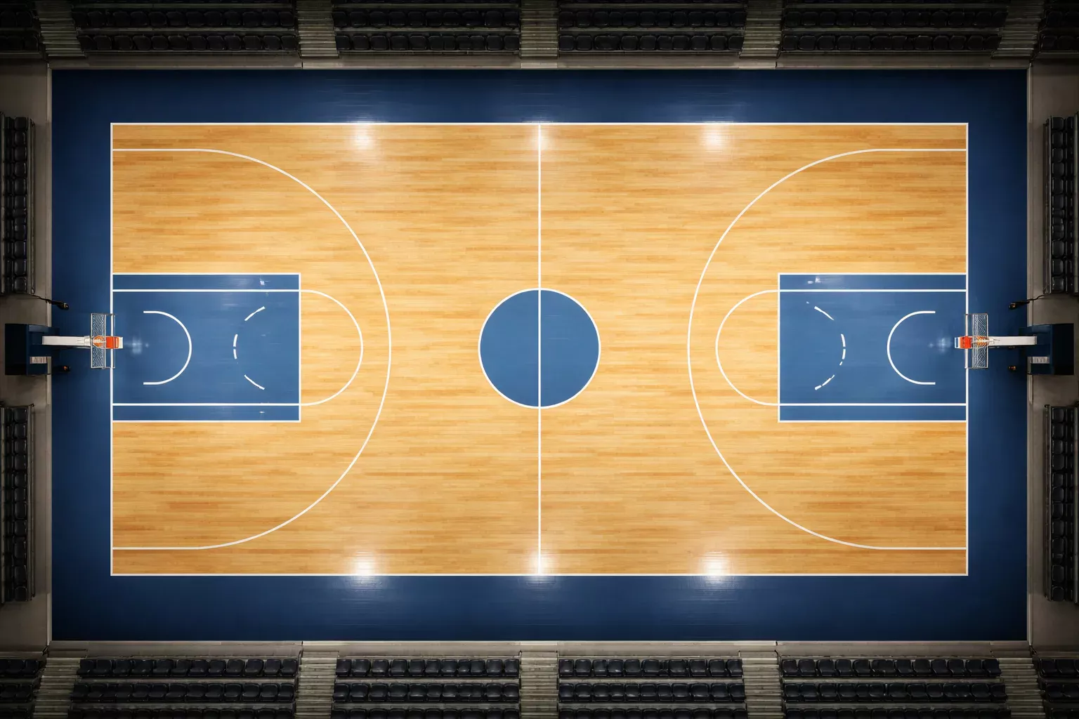 Basketballarena aus der Vogelperspektive zeigt das komplette Spielfeld