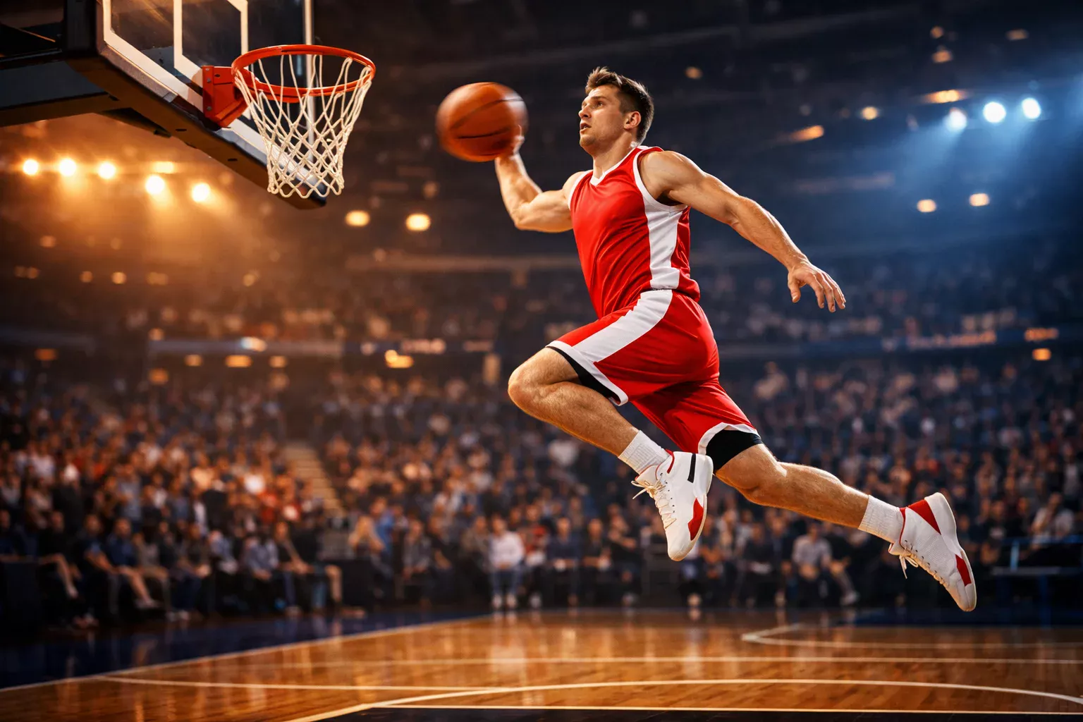 Basketballspieler beim Korbwurf in einer vollen Arena während eines professionellen Spiels