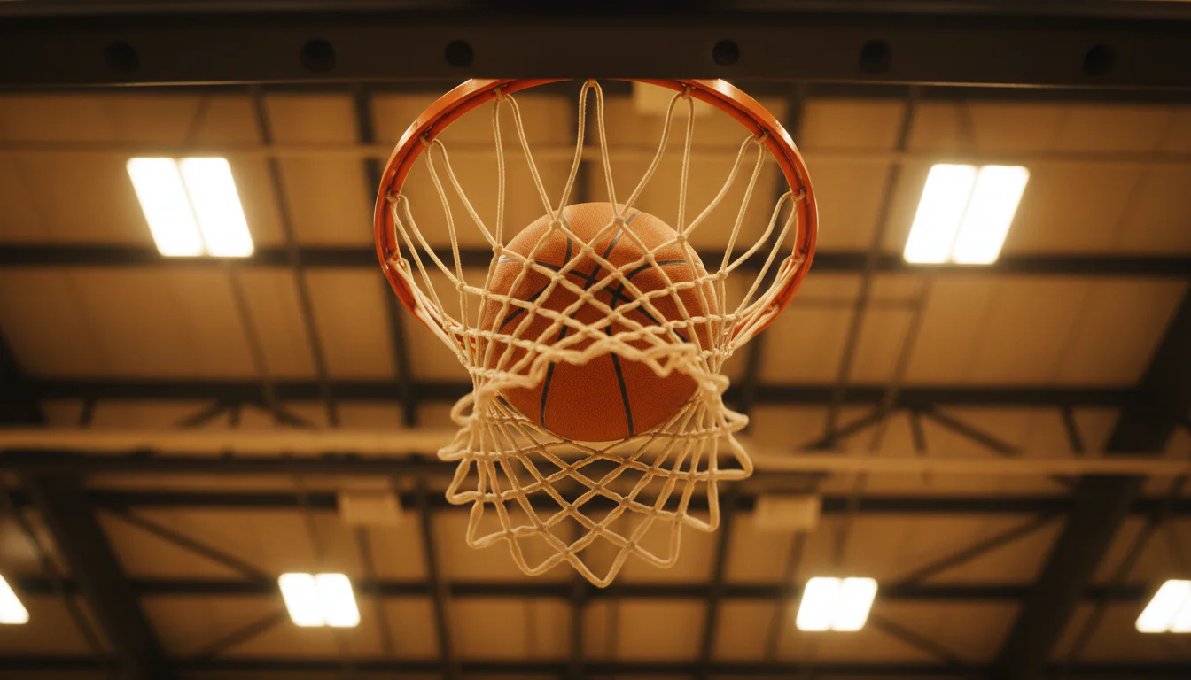 Basketball fliegt durch das Netz eines Korbs in einer beleuchteten Halle – Wetten Bonus