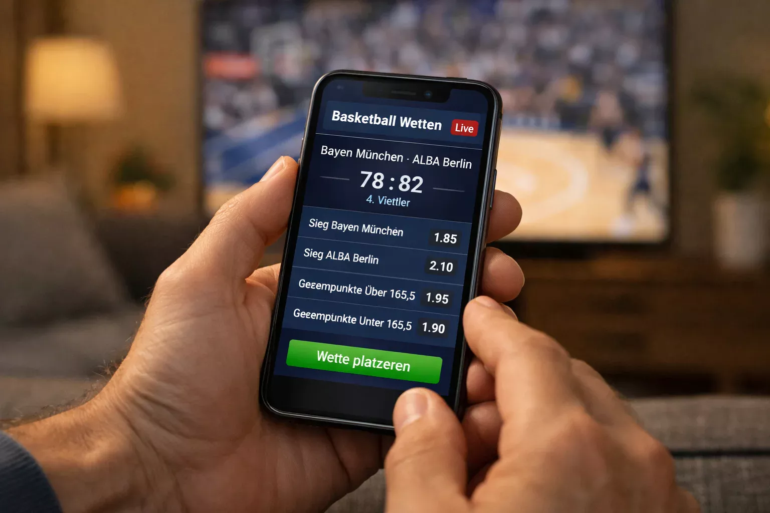Person analysiert Basketball-Wettquoten auf dem Smartphone mit Spielstatistiken