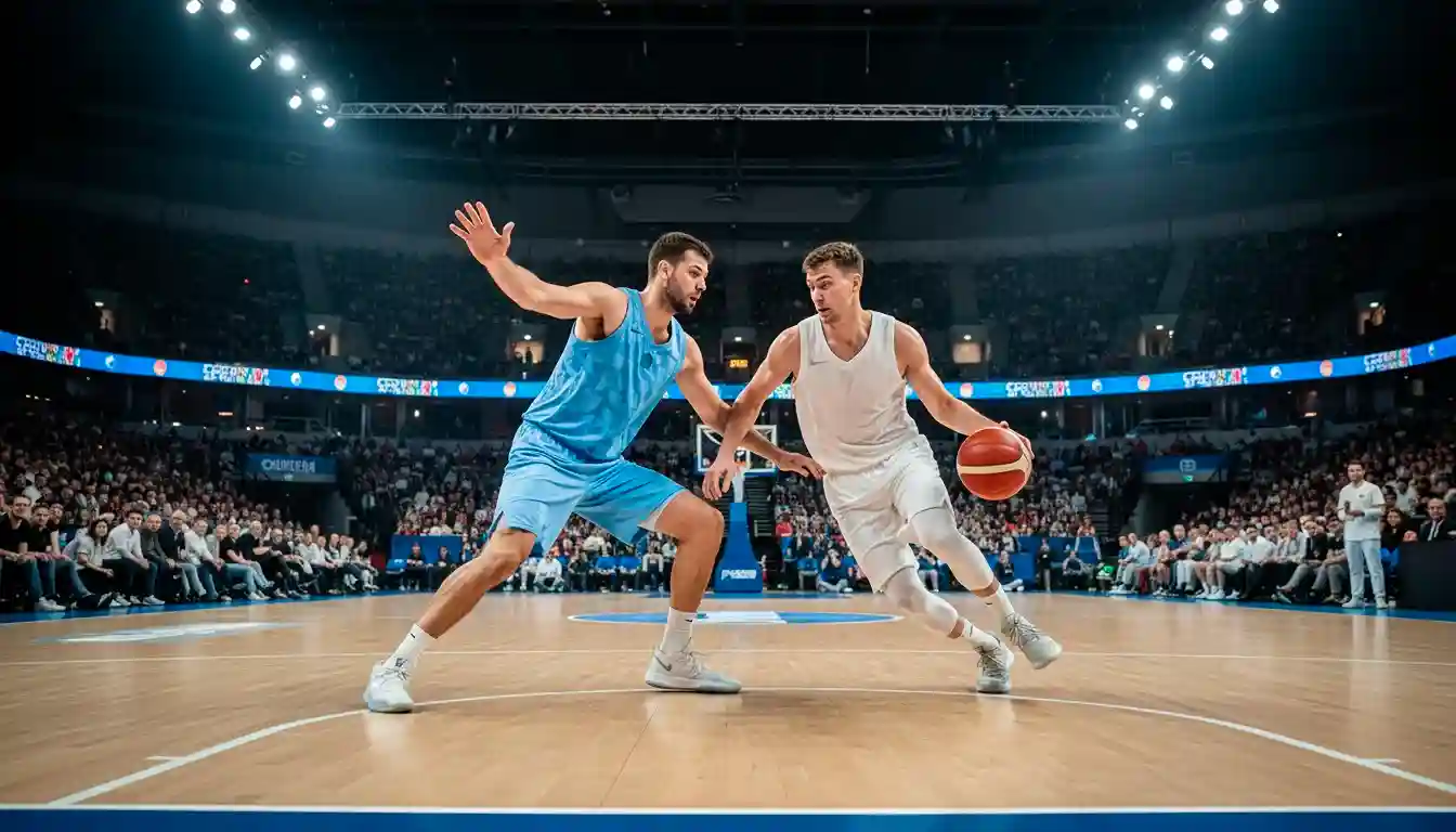 Nationalmannschaften beim Basketball-WM-Spiel in einer großen Arena – FIBA World Cup