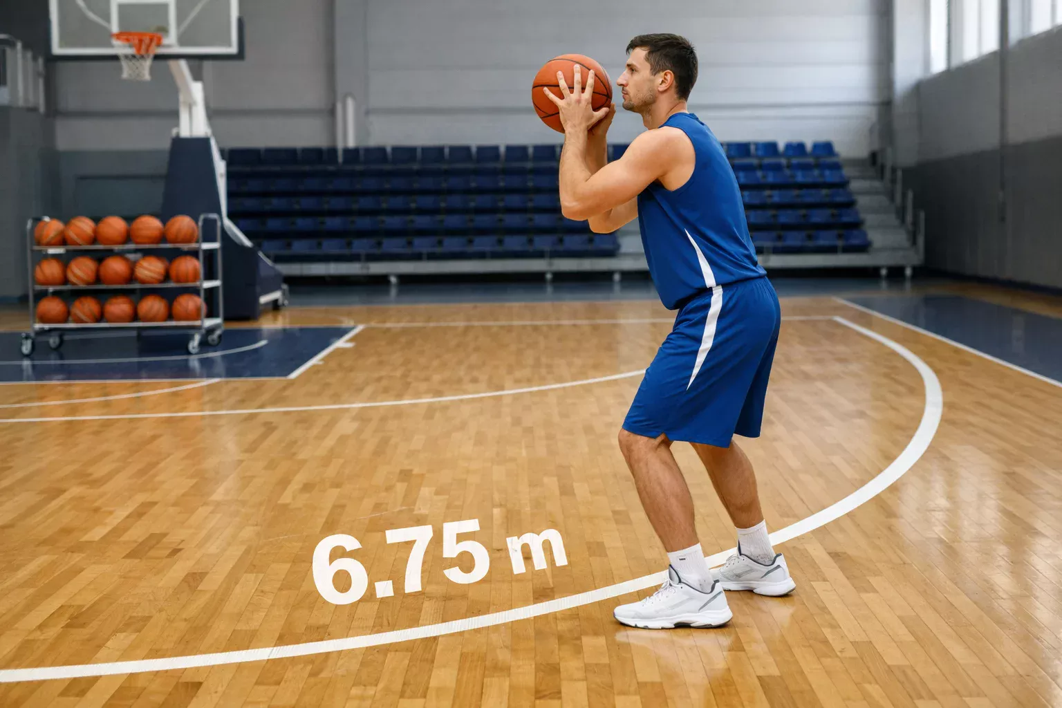 Basketballspieler am Drei-Punkte-Kreis zeigt FIBA Regelunterschiede