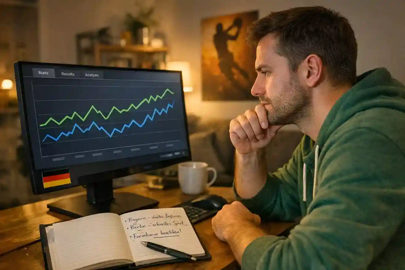 Person analysiert BBL Quoten und Wettstatistiken auf dem Bildschirm