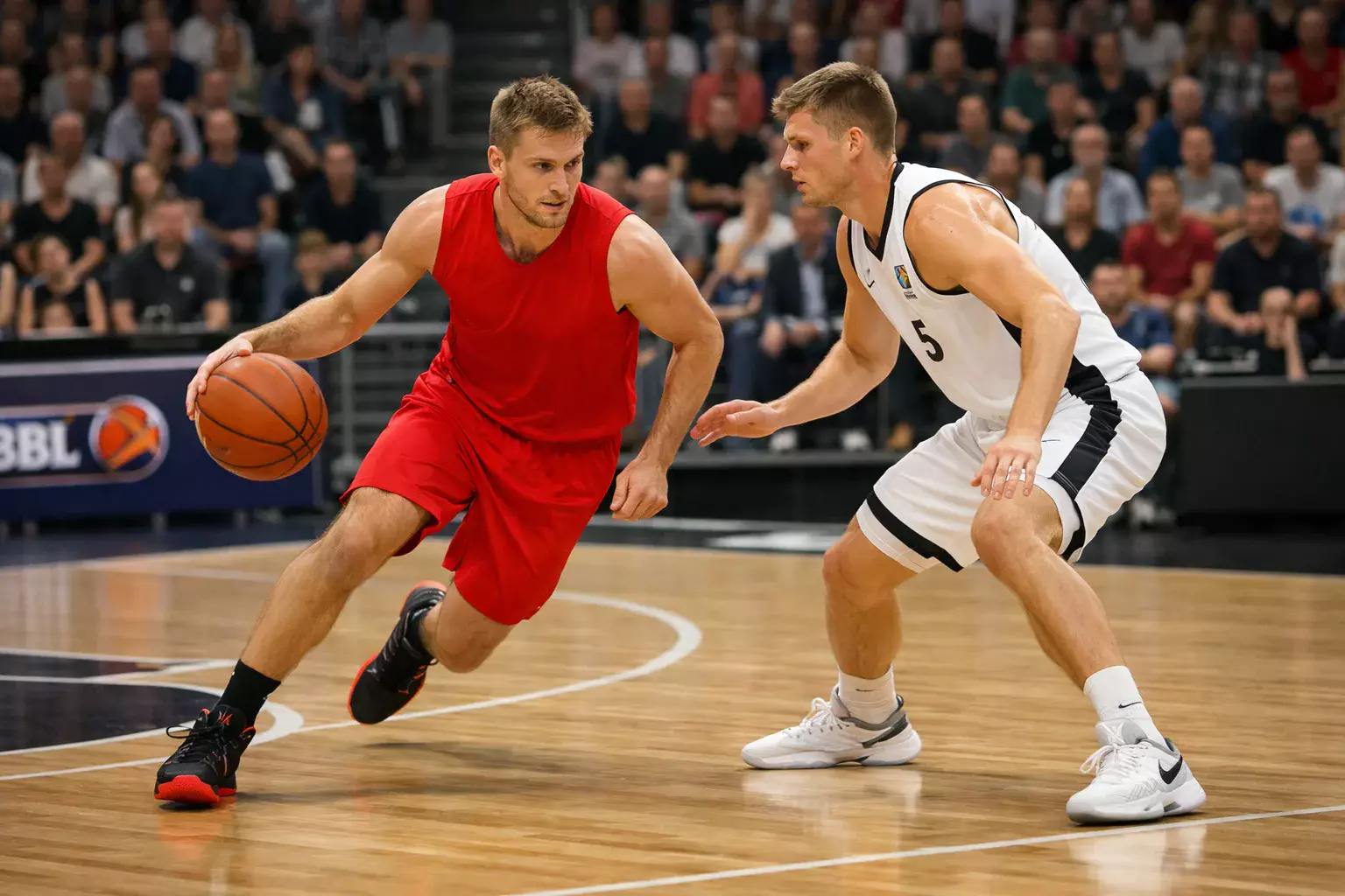 BBL Basketballspieler im Zweikampf während eines Bundesliga-Spiels