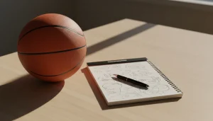 Basketball neben einem Notizbuch auf einem Tisch – Money Management für Wetten