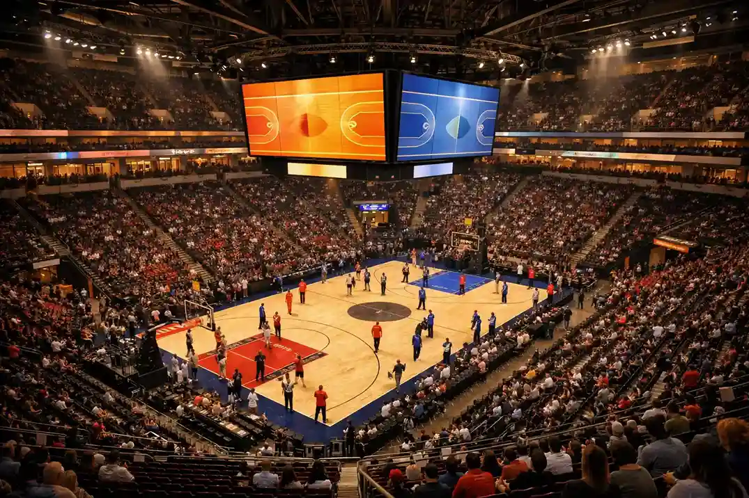 Volle NBA Arena mit Blick aufs Spielfeld während eines Basketballspiels