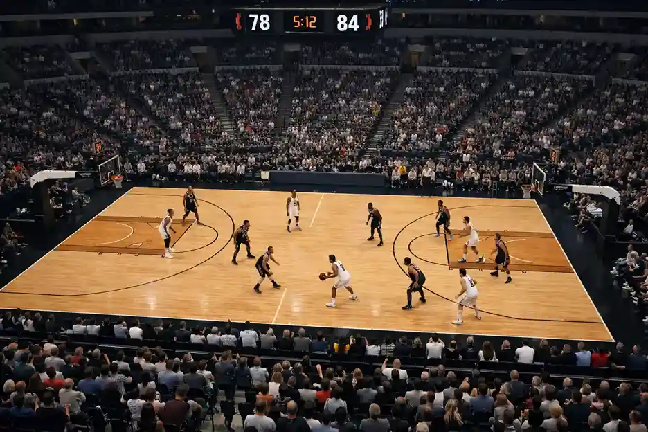 Ausverkaufte NBA-Arena mit begeisterten Fans und Basketballspielfeld im Hintergrund