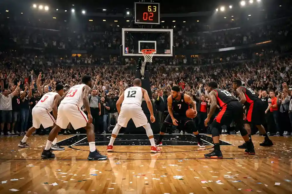 Intensive NBA Playoff-Szene mit jubelnden Fans in der Arena
